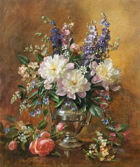 Still Life of Peonies and Delphiniums (oil on canvas) 