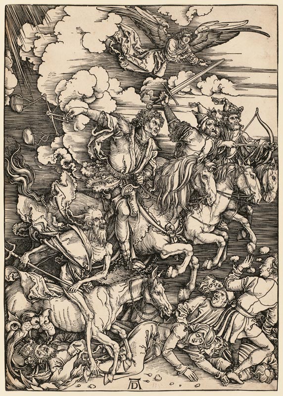 Die apokalyptischen Reiter, aus der Folge der Apokalypse, Einzeldruck vor dem Text von Albrecht Dürer