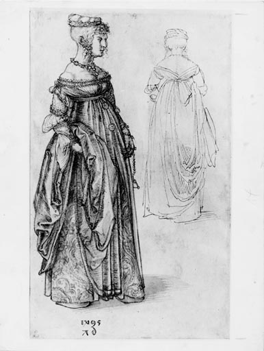 Frau in venezianischem Kostuem, daneben dasselbe Kostuem von rueckwaerts von Albrecht Dürer