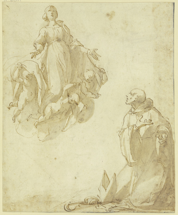 Maria von Engeln getragen erscheint einem knienden Bischof von Alessandro Tiarini