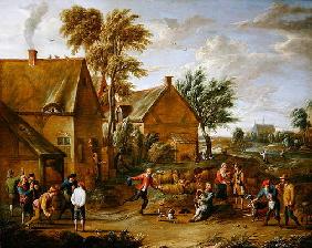 A Game of Bowls by a Tavern (oil on canvas) 1843