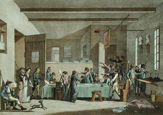 Interior of a Revolutionary Committee in 1792-93 (colour engraving) von Alexandre Evariste Fragonard