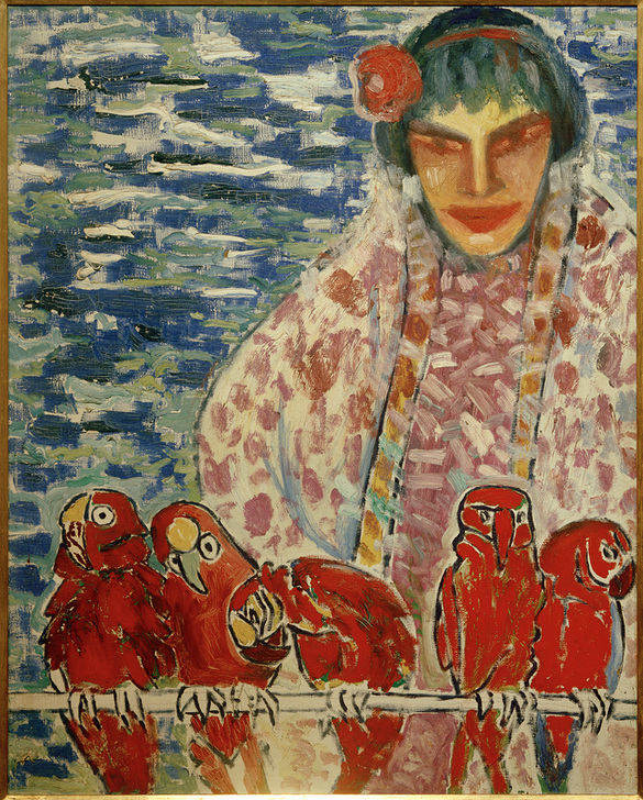 Frau mit roten Papageien von Alexis Merodack-Jeanneau