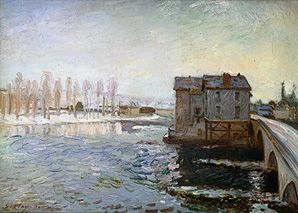 Wassermühle an der Brücke von Moret im Winter von Alfred Sisley