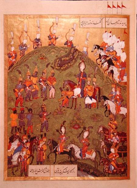 The Sultan Suleyman I (1495-1566) arriving at the fortress of Bogurdelen, from the 'Suleymanname' (M von Ali Amir Ali Amir Beg