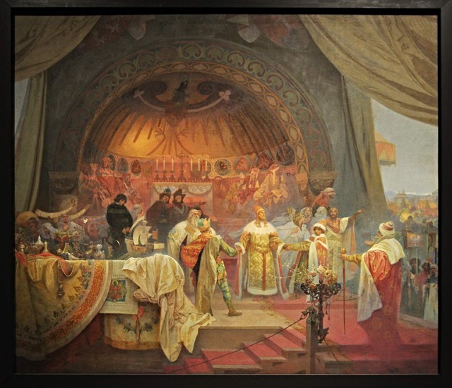 Der böhmische König Premysl Ottokar II. Der Bund der slawischen Dynastien (Gemäldezyklus Das Slawisc von Alphonse Mucha