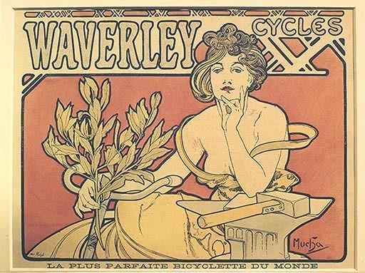 Verkehr / Fahrrad: - ''Waverley Cycles''. - (Werbung fuer Waverley Fahrraeder). Plakat, 1898,von Alf von Alphonse Mucha