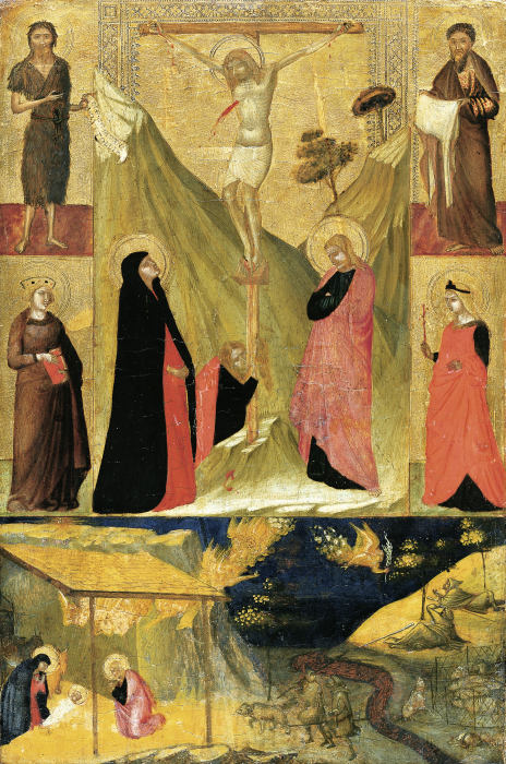 Kreuzigung und Geburt Christi sowie Heilige von Ambrogio Lorenzetti
