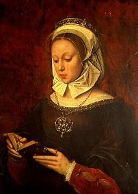 Junge Frau, in einem Gebetbuch lesend. von Ambrosius Benson