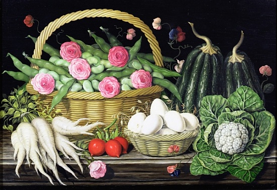 Eggs, broad beans and roses in basket von  Amelia  Kleiser
