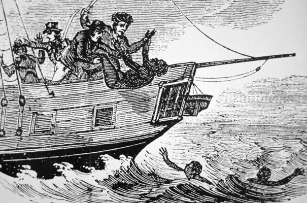Dumping slaves overboard due to reasons ranging from sickness to rebellion (engraving) von American School