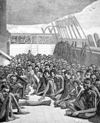 Slaves from Africa packed on the deck of a slaver ship bound for America (engraving) von American School