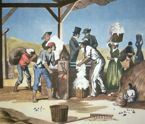 Eli Whitney's (1765-1825) Cotton Gin, operated by black slaves, 1793 (colour litho) von American School, (18th century)