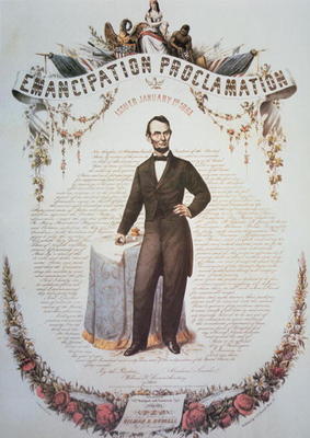 A souvenir print of the Emancipation Proclamation, issued 1st January 1863 (colour litho) von American School, (19th century)