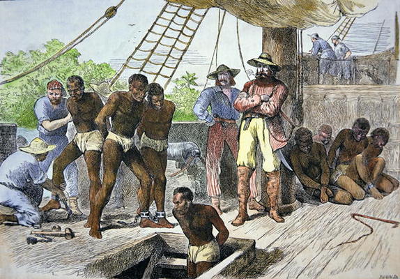 African slaves being taken on board ship bound for USA (coloured engraving) von American School, (19th century)