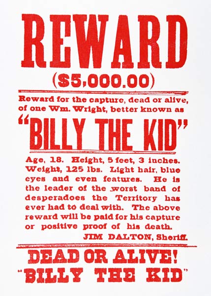 Reward Poster for Billy the Kid (1859-81) (litho) von American School, (19th century)