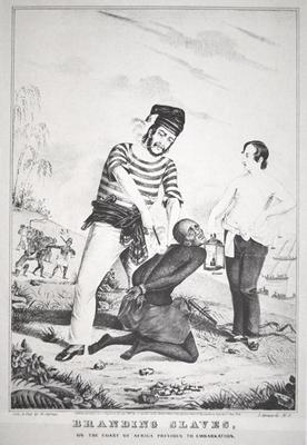 Branding slaves on the coast of Africa, prior to embarkation, 1845 (litho) 02nd