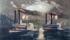 Midnight Race on the Mississippi, 1860 (colour litho)