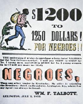 Poster for slave trade, New Orleans, 1853 (colour litho) 05th-