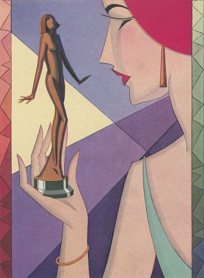 Art Deco Illustration of a Woman with a Golden Statuette von American School, (20th century)