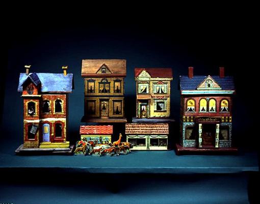Four Two-Storey Doll's Houses - L-R: Gottschalk Blue Roof Doll's House, c. 1910; Bliss Doll's House von American School, (20th century)