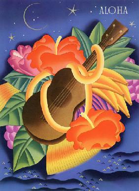 Symbols of Hawaii Including a Ukelele and Hibiscus Blossoms 1947