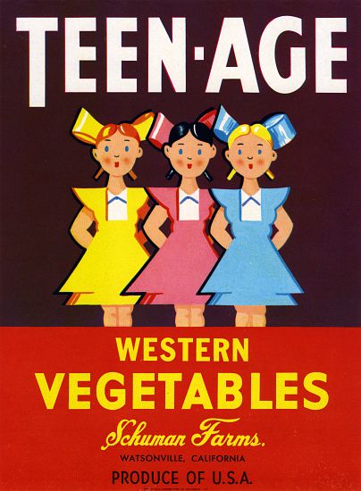 Teen-Age Western Vegetables Fruit Crate Label von American School, (20th century)