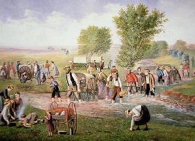 Mormon pioneers pulling handcarts on the long journey to Salt Lake City in 1856 (colour litho) 14th