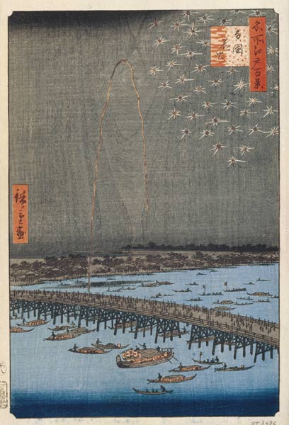 Feuerwerk über der Ryogoku-hashi (Einhundert Ansichten von Edo) von Ando oder Utagawa Hiroshige
