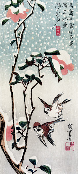 Sperlinge und Kamelien im Schnee von Ando oder Utagawa Hiroshige