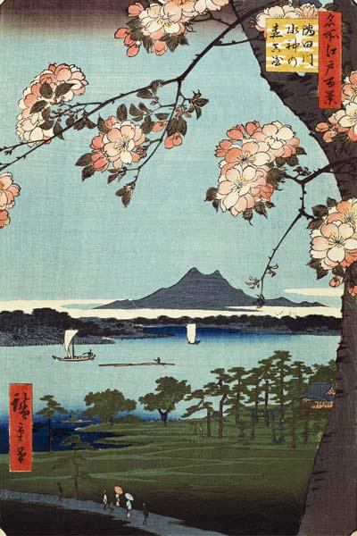 Suijin Schrein und Massaki am Fluß Sumida. (Aus der Serie: 100 berühmte Ansichten von Edo). 1856–58