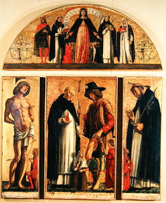 Saints Vincent Ferreri and Roch, with Saint Sebastian and Saint Peter the Martyr, Madonna Misericord von Andrea da Murano