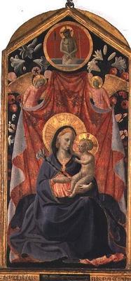 Madonna and Child with Two Angels and Christ risen from the Tomb (tempera on panel) 1545