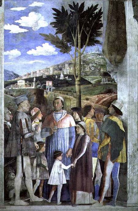 Arrival of Cardinal Francesco Gonzaga, greeted by his father Marchese Ludovico Gonzaga III (reigned von Andrea Mantegna