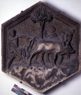 The Art of Agriculture, hexagonal decorative relief tile from a series depicting the practitioners o  c.1334-13