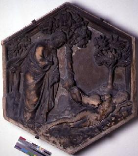 The Creation of Eve, hexagonal decorative relief tile from a series illustrating episodes from Genes  c.1334-48