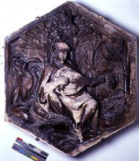 Poetry, hexagonal decorative relief tile from a series depicting the Seven Liberal Arts possibly bas  c.1334-48