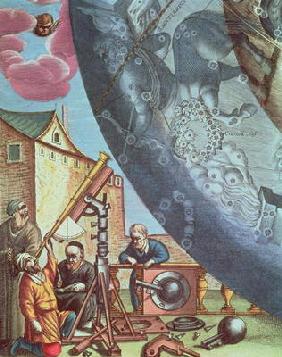 Astronomers looking through a telescope, detail from a map of the constellations from 'The Celestial 16th