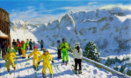 Young skiers in yellow,Val Gardena Italy 2018