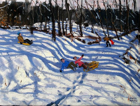 Two boys falling off a sledge, Morzine (oil on canvas)  von Andrew  Macara