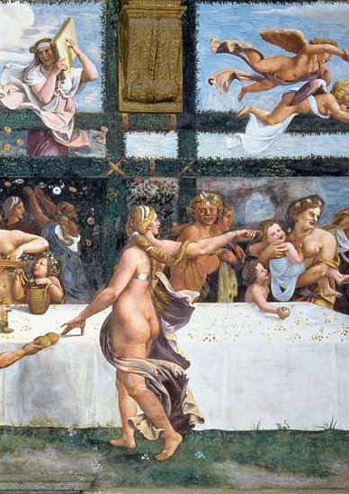 The Rustic Banquet celebrating the marriage of Cupid and Psyche, with the three lunettes above depic von (and workshop) Giulio Romano