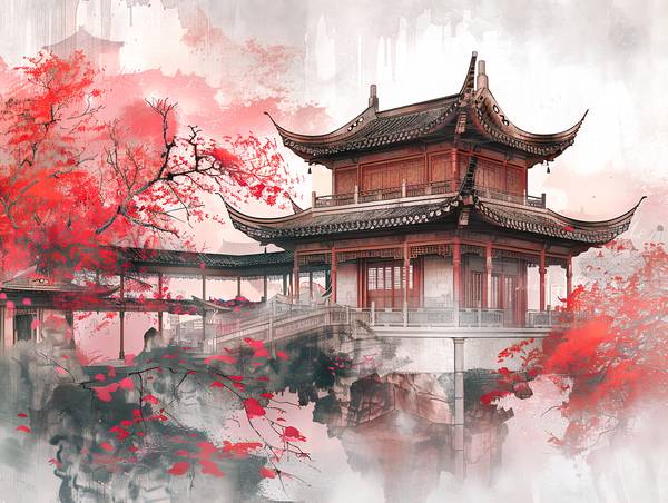 Chinesischer Tempel zur Kirschblüte. von Anja Frost