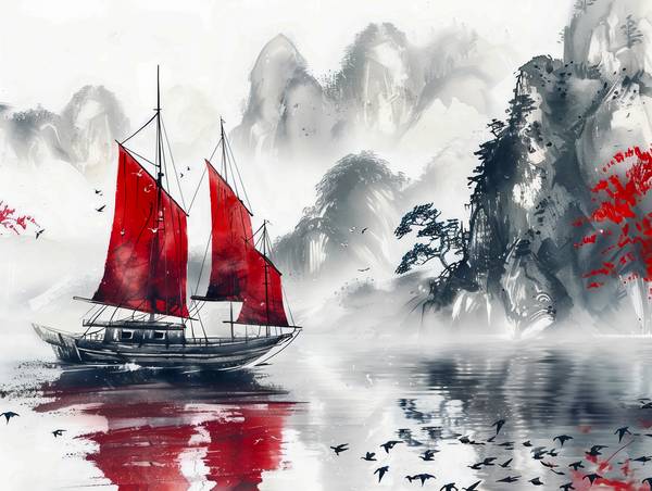 Chinesisches Boot auf dem Meer mit Bergen von Anja Frost
