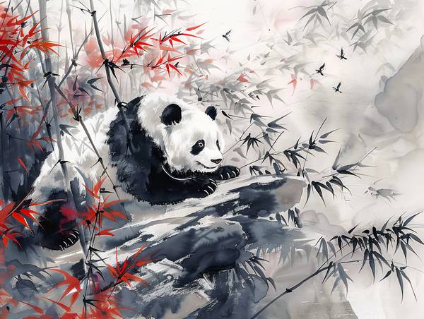 Großer Panda liegt im Bambuswald. Ink Zeichnung. von Anja Frost