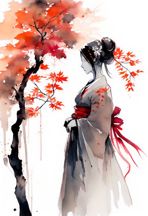 Japanische Geisha mit herbstlichem Ahornbaum. Aquarell von Anja Frost