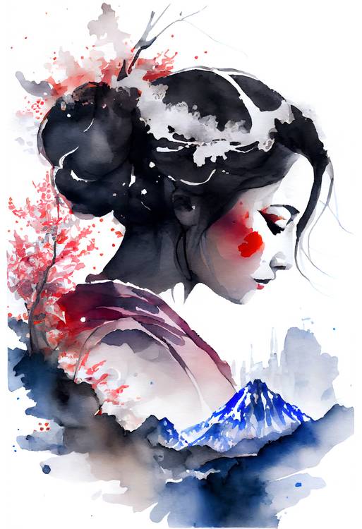 Japanische Geisha mit Sakura Kirschblütenzweig und Fuji Berg. Aquarell von Anja Frost