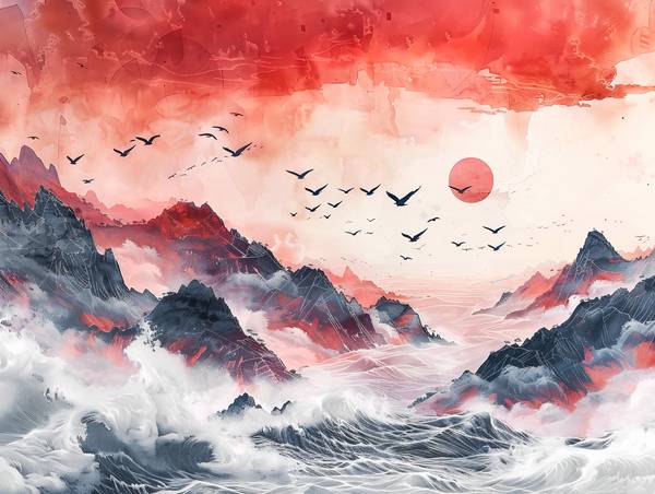 Sonnenaufgang über dem Meer. Vogelschwarm. von Anja Frost