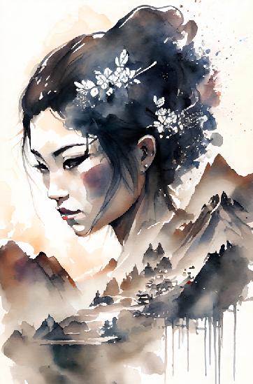 Japanische Geisha mit Blüten im Haar vor Berglandschaft. Aquarell. 2023