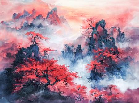 Chinesische Bergwelt im Herbst. Rote Ahornbäume 2024