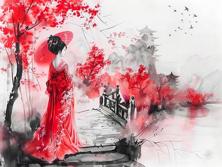 Chinesische Geisha an einer Brücke am Tempel. 2024